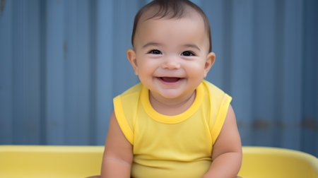 Close-up photo of a little baby laughing. Generative AIの素材