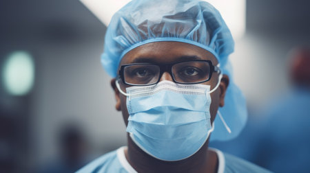 Doctor wearing a protective mask prepares for surgery. Generative AIの素材