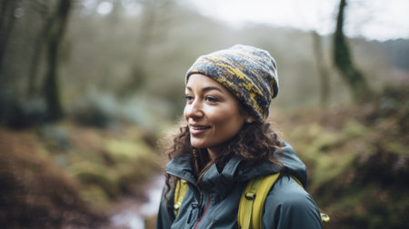 Young traveling woman hiking in the mountains. Generative AIの素材