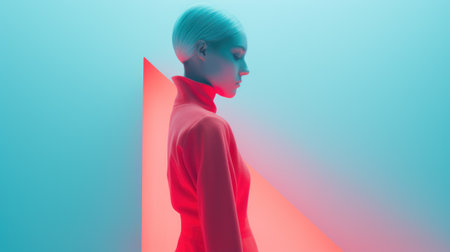 An image of a woman with blue hair wearing a red dress, posing in front of a colorful blue and red wall.. Generative AIの素材