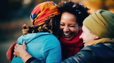 Three joyful women embracing each other with genuine smiles on their faces.. Generative AIの素材