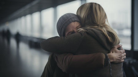A heartwarming hug between two women at an airport.. Generative AIの素材
