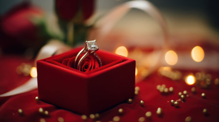 A sparkling diamond ring elegantly placed on a vibrant red box.. Generative AIの素材