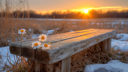 A tranquil winter sunrise scene featuring a frost-covered wooden bench and blooming daisies against a field backdrop.の素材