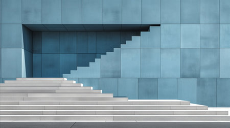 An image showing a contemporary staircase against a textured blue wall, symbolizing concepts of growth, progress, and modern design.の素材