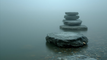 A serene scene with stacked rocks in misty, calm waters. Captures the essence of tranquility, meditation, and natural balance.の素材