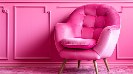 A striking monochromatic pink scene featuring a luxurious velvet armchair against a pink wall with decorative moldings and a fluffy carpet.の素材