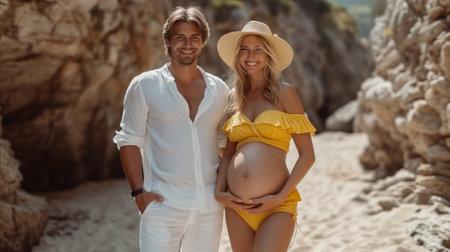 A radiant pregnant woman in a yellow bikini with her partner on a sunny beach, both smiling and showing the baby bump.の素材