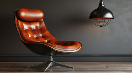 A luxurious brown leather armchair positioned in a stylish room with a dark gray wall and an industrial-style pendant lamp, exuding comfort and contemporary design.の素材