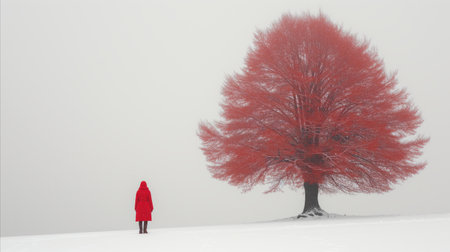 A solitary person stands in a vast snowy field, facing a striking red tree devoid of leaves in a serene, winter scene with a touch of color contrast.の素材