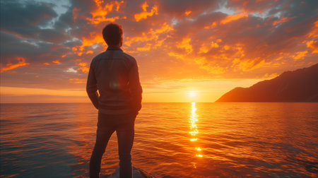 Silhouetted man standing by the ocean against the backdrop of a stunning sunset, reflecting on the water and painting the sky in warm hues.の素材