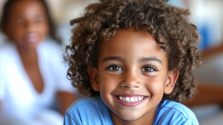 Close-up of a cheerful young boy with curly hair, showing his bright smile, with a blurred figure of a woman in the background indicating family.の素材