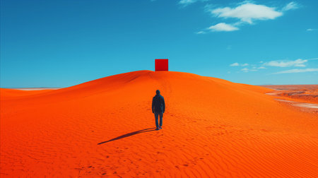 A solitary figure walks towards a vibrant red cube on a hill of the strikingly orange desert sands under a bright blue sky with soft clouds.の素材