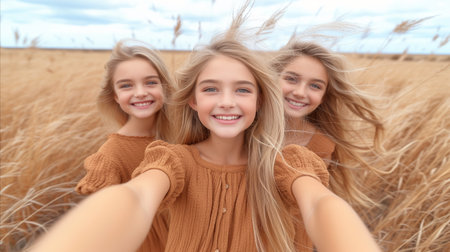 Joyful trio of teenage friends capturing a happy moment with a selfie amidst a beautiful, sun-kissed golden wheat field.の素材