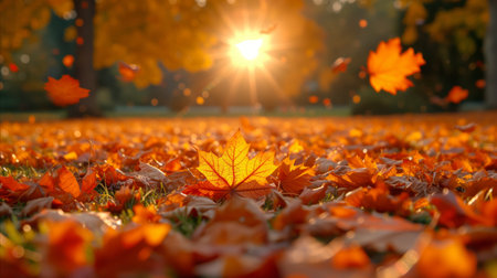 Close-up of vibrant autumn leaves scattered on the grass, illuminated by a warm sunlight flare through trees in a peaceful park setting.の素材