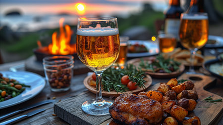 An inviting outdoor meal setup featuring a glass of beer, grilled chicken, and roasted potatoes, against the backdrop of a warm sunset and a crackling firepit.の素材