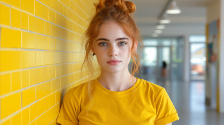 Portrait of a serene young woman with red hair and blue eyes wearing a yellow t-shirt, leaning against a vibrant yellow wall in a modern indoor setting.の素材