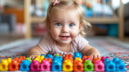 Bright-eyed baby girl with a joyful smile playing with vibrant building blocks on a patterned carpet, embodying childhood and development.の素材