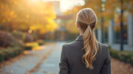 Rear view of a young woman with a ponytail, dressed in a business suit, contemplating a tree-lined urban pathway bathed in warm golden sunset light.の素材