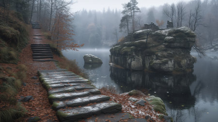A serene misty lake scene in autumn with stone steps winding upwards, large boulders, and a carpet of fallen leaves. This image exudes tranquility and the beauty of nature during fall.の素材
