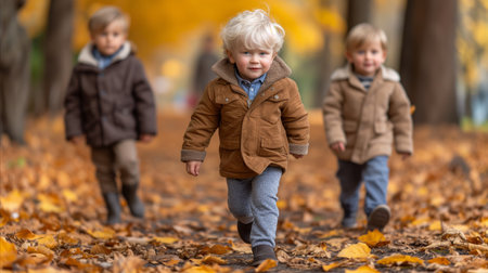 A joyful moment as three little children walk through a park covered in fallen autumn leaves, conveying the innocence and happiness of childhood amidst seasonal beauty.の素材