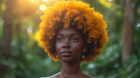 Elegant African American woman with a vibrant natural afro hairstyle posing serenely in a sunny outdoor setting with lush greenery.の素材