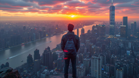 A solitary figure takes in the breathtaking view of a vibrant city skyline glowing under a dramatic sunset sky.の素材