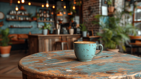 A ceramic coffee cup sits on a rustic wooden table in a cozy coffee shop with ambient lighting and plant decor.の素材