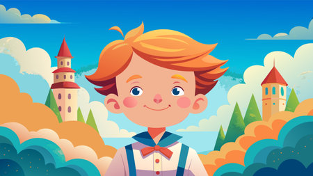 Vector illustration of a happy cartoon boy with red hair in a whimsical landscape featuring fairytale castles among the clouds.のイラスト素材