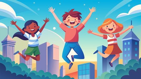 Vector of happy kids jumping with glee against a cityscape. Cheerful childhood moments captured in a vibrant urban park setting.のイラスト素材