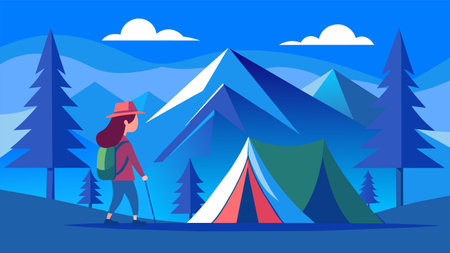 Vector illustration of a woman hiker with a backpack walking by a tent pitched amidst serene mountains, depicting adventure and nature exploration.のイラスト素材