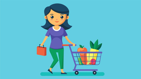 Vector illustration of a content woman shopping with a full cart of fresh produce. Perfect for presentations about groceries, shopping, or healthy eating habits.のイラスト素材