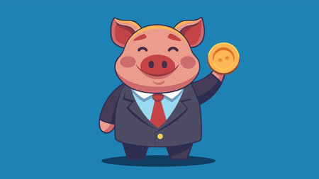 Vector illustration of a cheerful pig in a business suit showing off a shiny gold coin, representing financial success, wealth, and prosperity in a humorous style.のイラスト素材