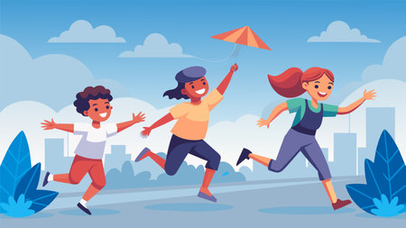 A vibrant vector illustration showing three happy children playing with a kite in a park with a cityscape in the background, reflecting childhood, fun, and friendship.のイラスト素材