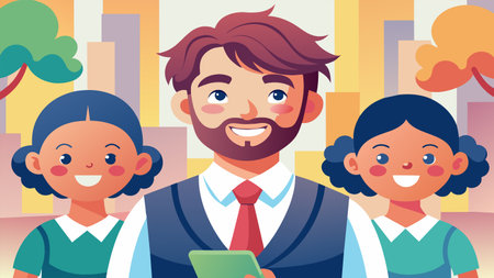 Vector illustration of a cheerful male teacher with two smiling schoolgirls, standing together with a city backdrop, depicting education, unity, and joy.のイラスト素材