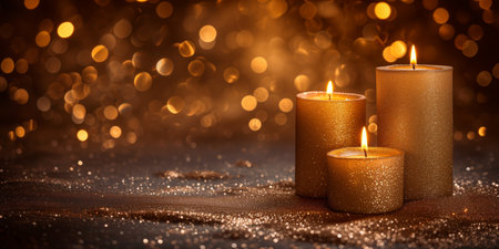 A photo of three lit candles creating a warm and cozy ambiance set on top of a table.の素材
