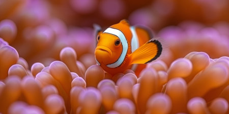 A clown fish seeking shelter in a vibrant sea anemone.の素材