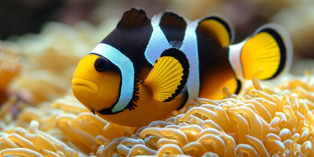 An orange and black clown fish peacefully rests on top of a vibrant coral reef.の素材