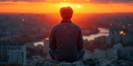 A man sits atop a hill, captivated by the breathtaking beauty of the sunset.の素材