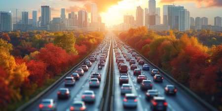A bustling highway surrounded by towering buildings, filled with heavy traffic.の素材