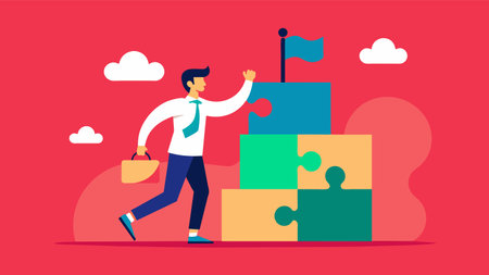 Vector graphic of a businessman ascending a staircase built of puzzle pieces towards a flag, representing achievement and problem-solving in a corporate or personal growth context.のイラスト素材