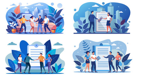 A set of vector illustrations showcasing diverse professional teams engaging in collaboration, discussions, and agreements. Perfectly captures the spirit of teamwork in modern business settings against an urban landscape.のイラスト素材