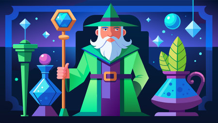 A vibrant vector illustration featuring a bearded wizard holding a staff, surrounded by magical potions, crystals, and a mystical night sky backdrop, perfect for themes of fantasy, magic, and adventure.のイラスト素材