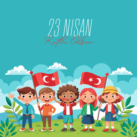 Vector illustration of happy children with Turkish flags, celebrating the 23rd of April, National Sovereignty and Children's Day, against a cheerful blue sky background.のイラスト素材