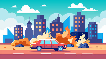 A vector illustration depicting a red car ablaze with flames and smoke on an urban road, city skyline in the background under a clear sky.のイラスト素材
