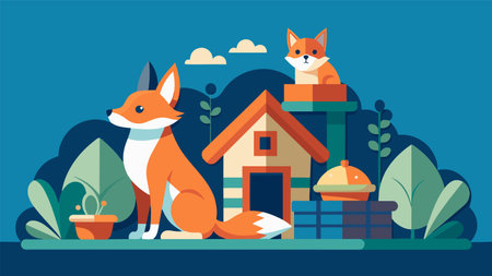Vector illustration featuring two adorable foxes, one inside a cozy kennel and the other observant outside, surrounded by lush foliage against a tranquil blue backdrop.のイラスト素材