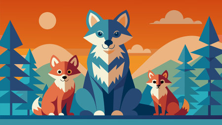 Colorful vector illustration of a charming fox family in a stylized geometric forest. This serene...