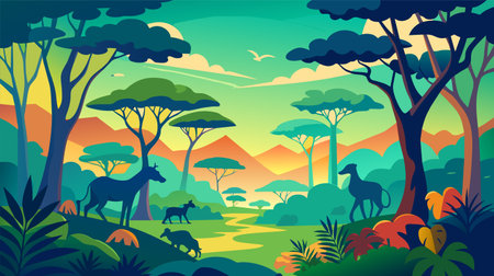 A vibrant vector illustration of an African safari scene at sunset, featuring silhouettes of wildlife like elephants and antelope among exotic trees and mountains.のイラスト素材
