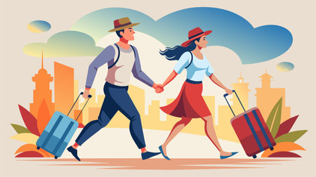 Vector illustration of a happy couple holding hands and walking with suitcases against an urban city backdrop, depicting travel, tourism, and adventure.のイラスト素材