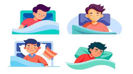 This image showcases four cartoon scenes of cheerful characters sleeping in various comfortable positions, exuding calmness and relaxation.のイラスト素材